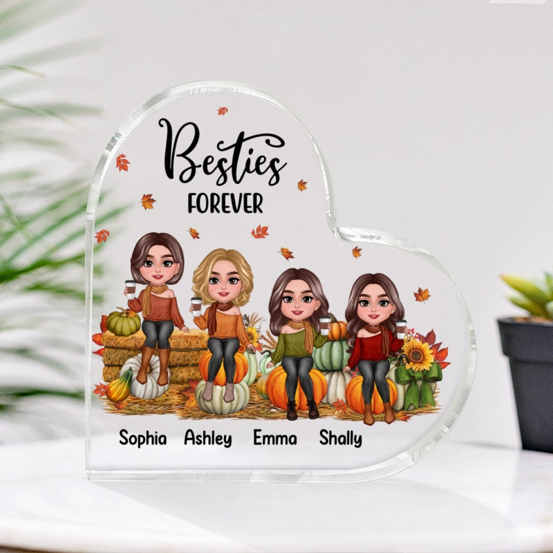 Fall Season Best Friends Sisters Sitting On Pumpkins Personalized Acrylic Heart Plaque